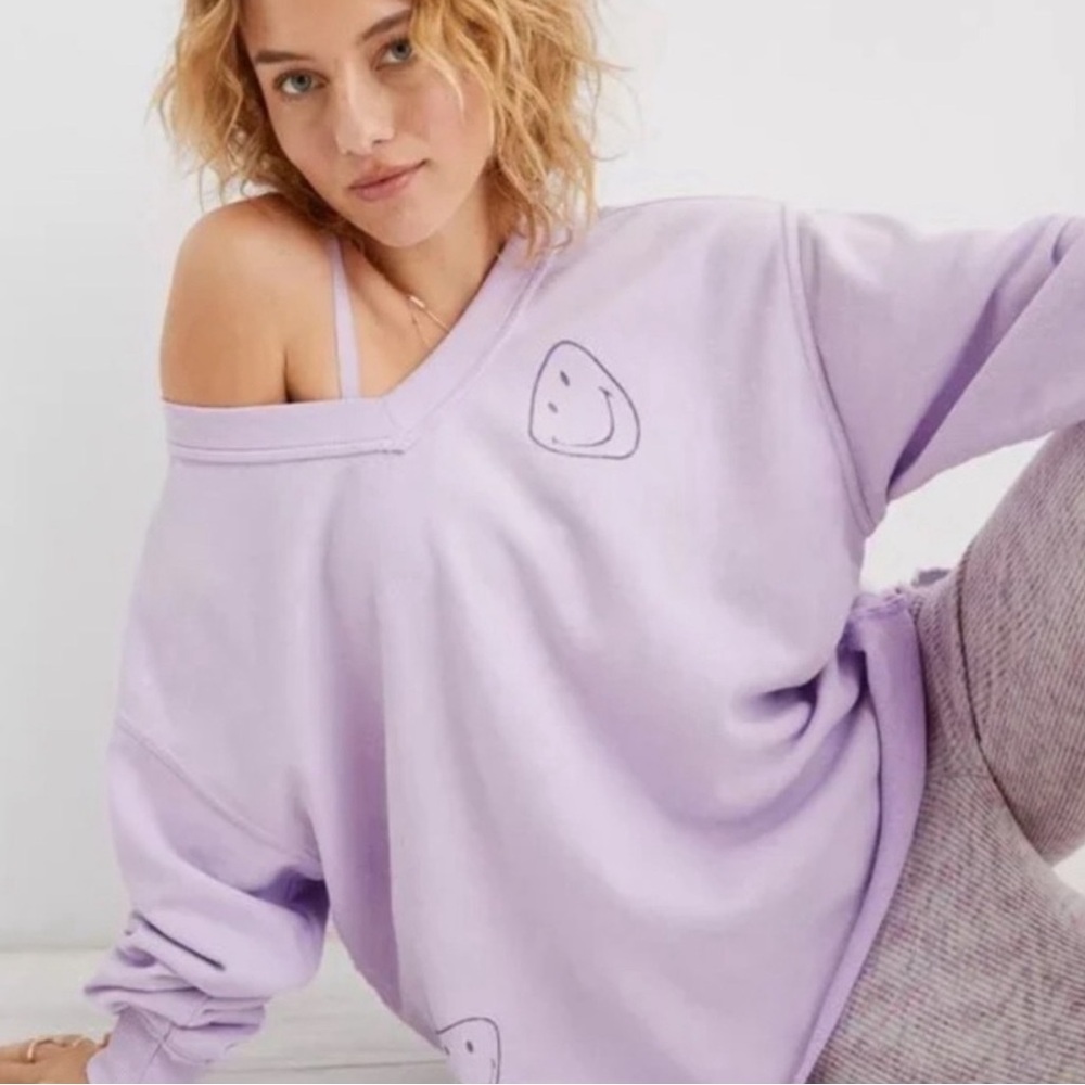 Aerie Oversized Pullover - Lilac Purple with Smileys